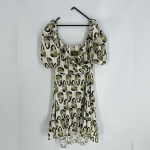 Lalipop Design Leaf Printed Above Knee Double Breasted Cotton Dress